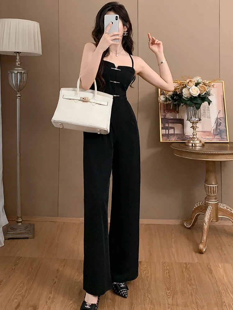 2024 baru musim panas untuk wanita mode desain seksi hitam Sling jumpsuit wanita elegan kantor OL pinggang tinggi kaki lebar Romper