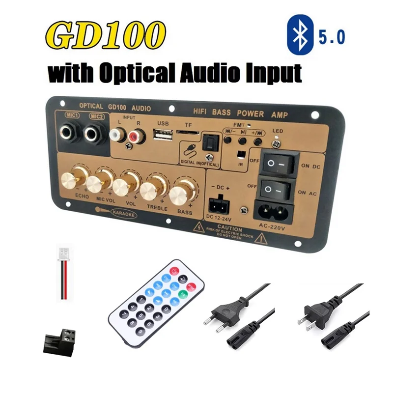 GD100 Bluetooth Amplifier Board With Optical Audio Input Hifi Karaoke Amplifier Home/Car Amplifier Board Durable (EU Plug)-Hot