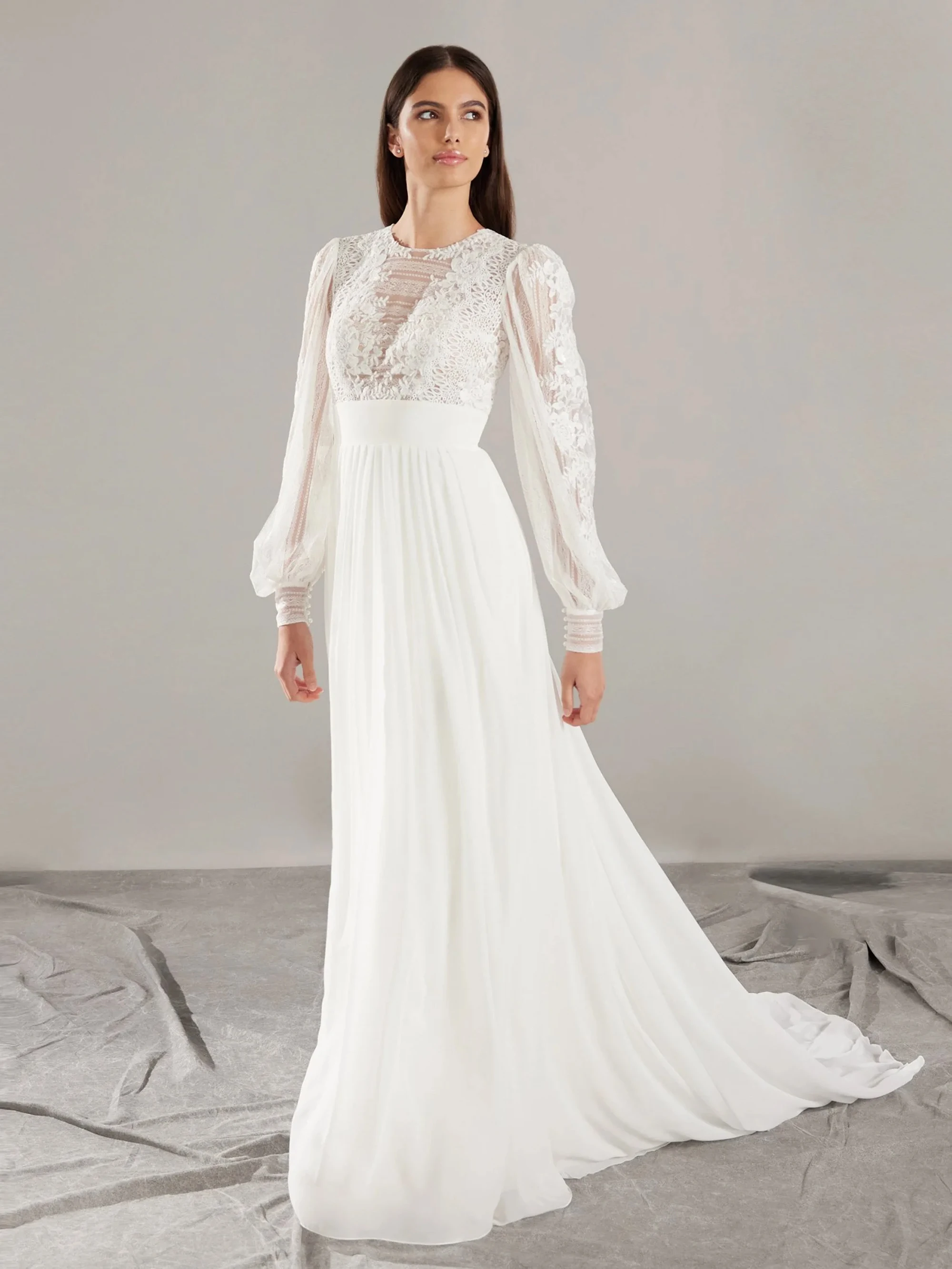 A-lijn O-hals Chiffon Trouwjurken Voor Vrouw Lange Mouwen Knop Sexy Applicaties Bruidsjurk Vestidos De Novia 2025, Aangepast A-lijn O-hals Chiffon trouwjurken voor vrouw lange mouwen knop sexy applicaties bruidsjurk Ve