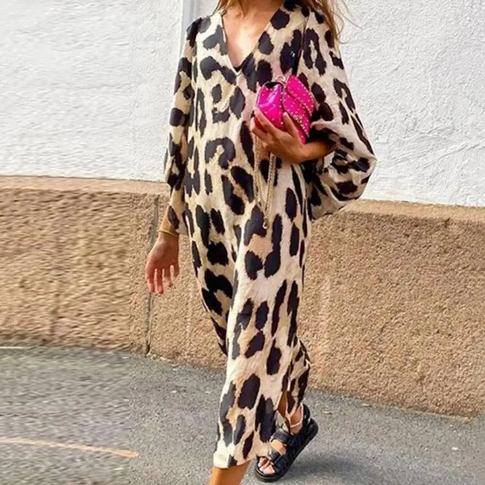 Vacation Dress Lightweight Spring Autumn Sexy Leopard Print Long Dress Skin-touch Side Split Hem Women Dress Streetwear