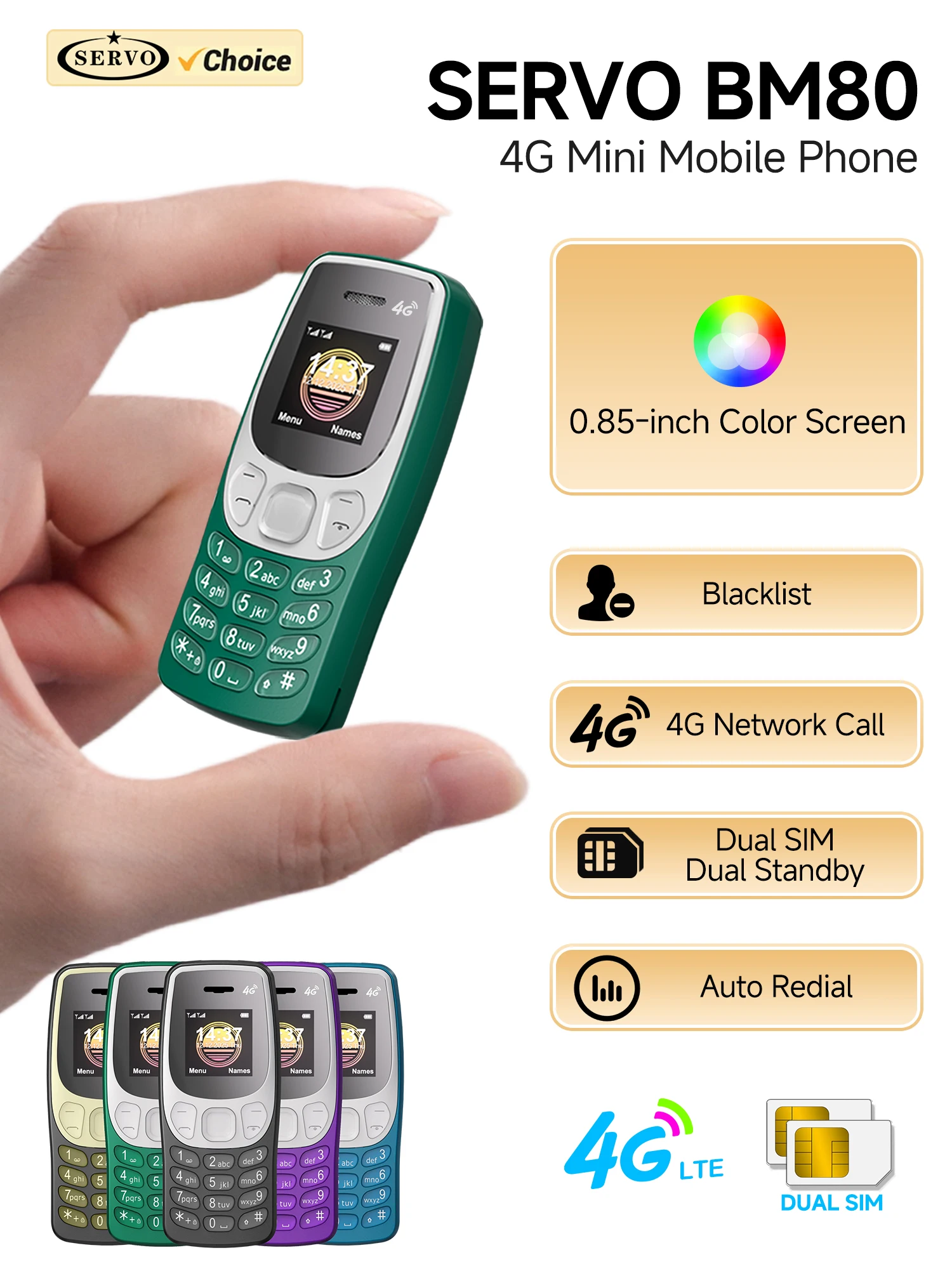 SERVO BM80 LTE Super kleines Mobiltelefon 4G Netzwerk Auto Call Record Speed Dial Blacklist Dual SIM Standby Mini-Funktions-Handy