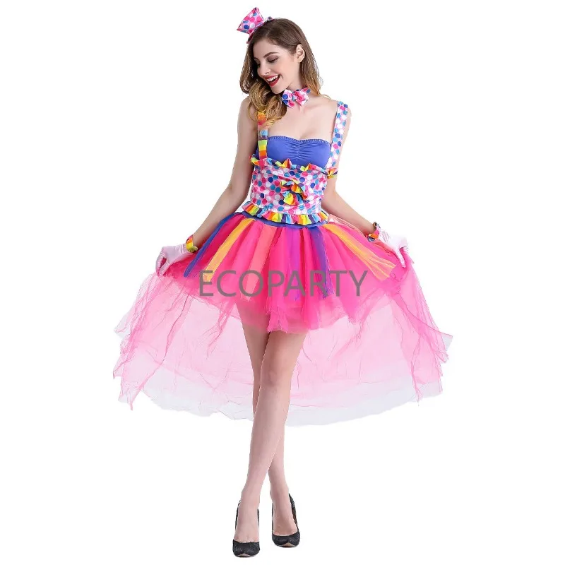 Traje de palhaço de circo para mulheres adultas, Coringa engraçado, Vestido Tutu Halloween para meninas, Aniversário, Roupa de festa de carnaval, Roupas doces, Arco-íris