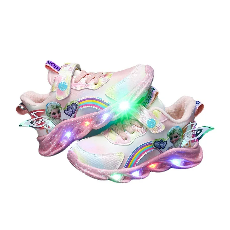 Disney Frozen Elsa Anna Princess Shoes LED Sport Shoes 2023 New Girls Casual Sneakers Kids Tennis Shoes Luminous Light Shoes