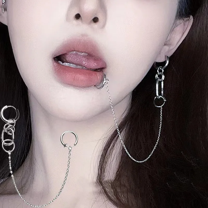 1Pcs Fake Piercing Lip Chains Ear Clip Punk Gothic Cool Girl False Lip Ring Earrings Dangle Faux Piercing Metal Body Jewellry