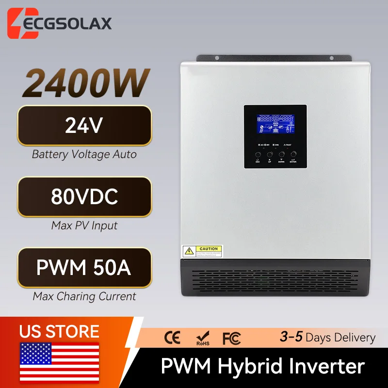 

Гибридный солнечный инвертор ECGSOLAX 3000ВА 24В 110В/120В 2400Вт с контроллером заряда PWM 50А, автономный солнечный инвертор, макс. входное напряжение PV 80В DC