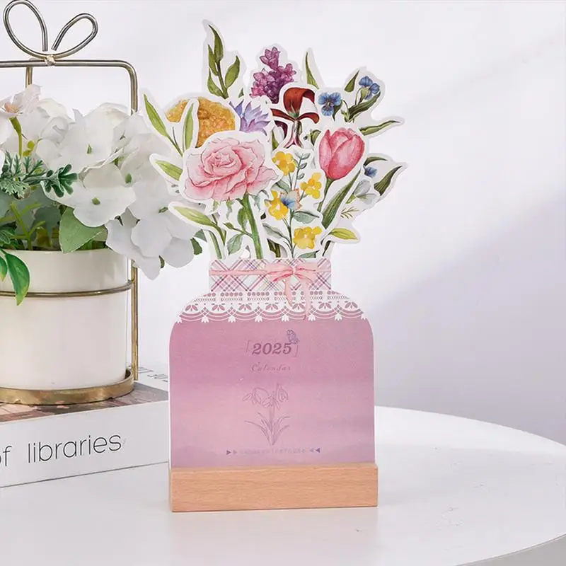 Bloomy Flowers Desk Calendar 2025 Removable Vase Shaped Monthly Calendar 2025 Cute Desktop Calendar With Wooden Base Daily Note