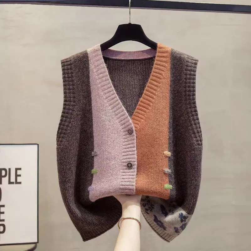 Autunno inverno nuovo maglione senza maniche con scollo a v donna High Street contrasto colore allentato Cardigan Vintage elegante filo top