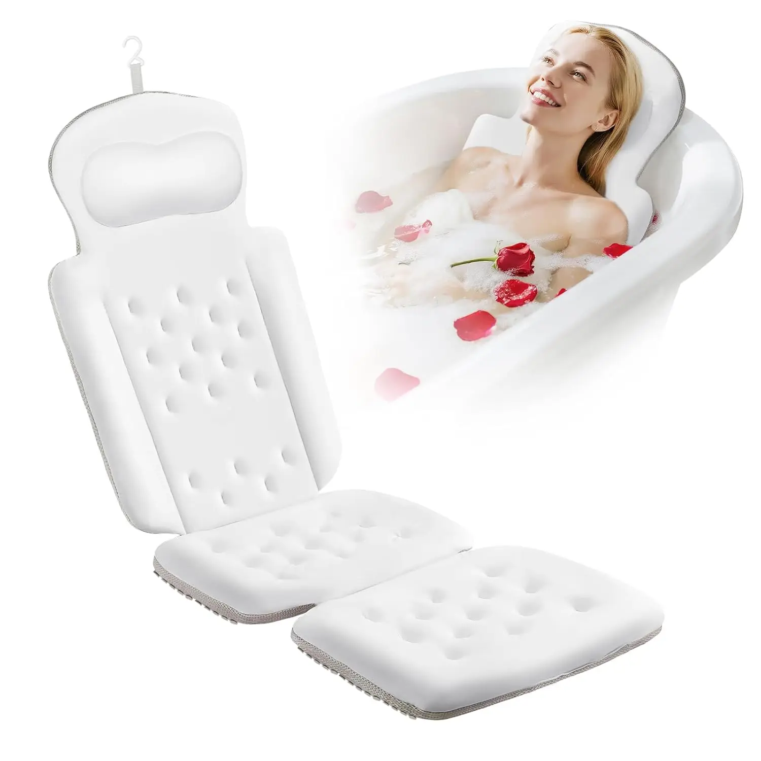 

Full Body Bath Pillow with 192 Suction Cups for Head and Neck Support, White 51x16 Inch