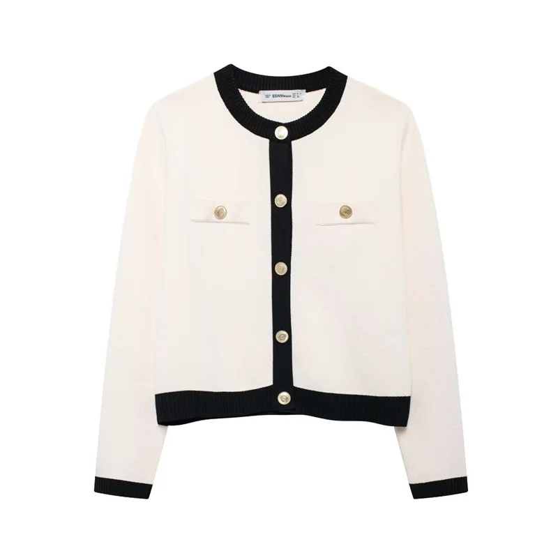 EDSA Women Knitted Cardigan with Golden Buttons Beige Sweater Coat Round Neck Long Sleeves Front False Pockets Outerwear