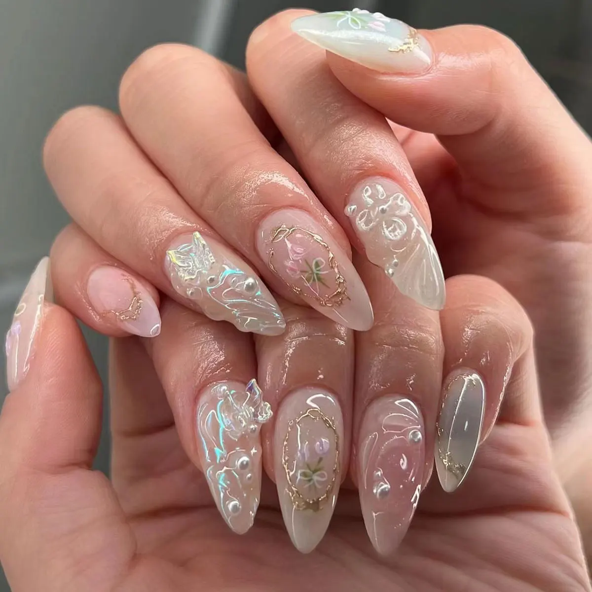 

24pcs Press on Long Almond Fake Nails Pearl Aurora Butterfly Decor Full Cover 3D Water Ripple Blush False Nails Y2k Handmade