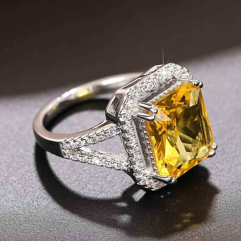2026 Big Geometric Yellow Cubic Zirconia Rings Women Temperament Accessories for Wedding Anniversary Party New Trendy Jewelry