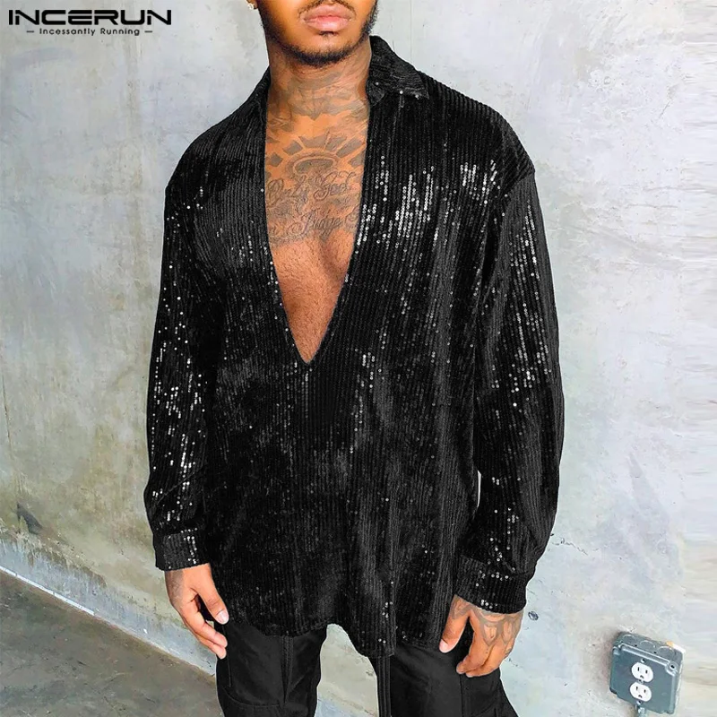 

Men's Shirt Shiny Deep V Neck Long Sleeve Sequins Loose Men Clothing 2024 Streetwear Fashion Party Casual Camisas S-5XL INCERUN