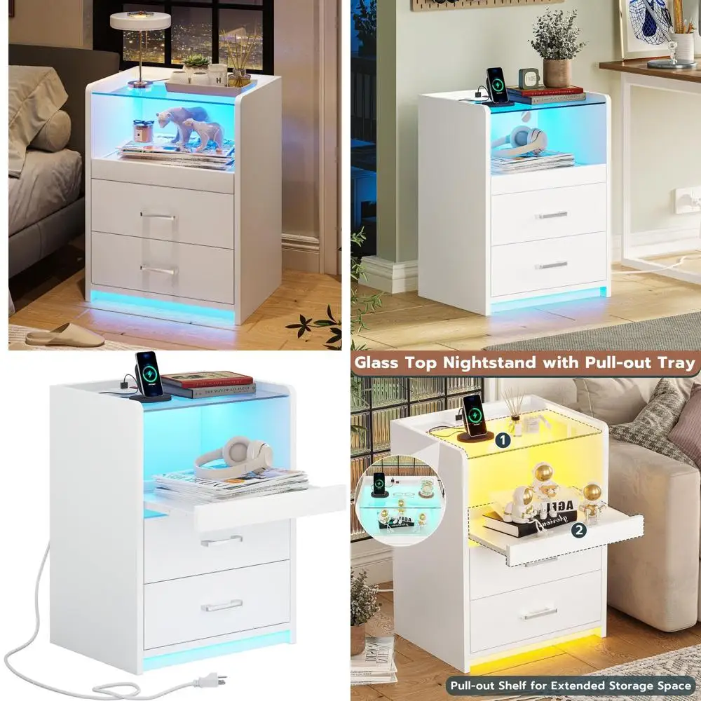 

Charging Station Nightstand with LED Lights and Tempered Glass Top, Dual Drawer Bedside Tables with Pull-Out Shelves