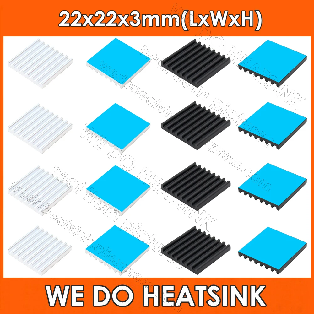 WE DO HEATSINK Silver / Black 22x22x3mm Aluminum Heat Sink Radiator Heatsinks Cooler With Thermal Adhesive Double Sided Pad