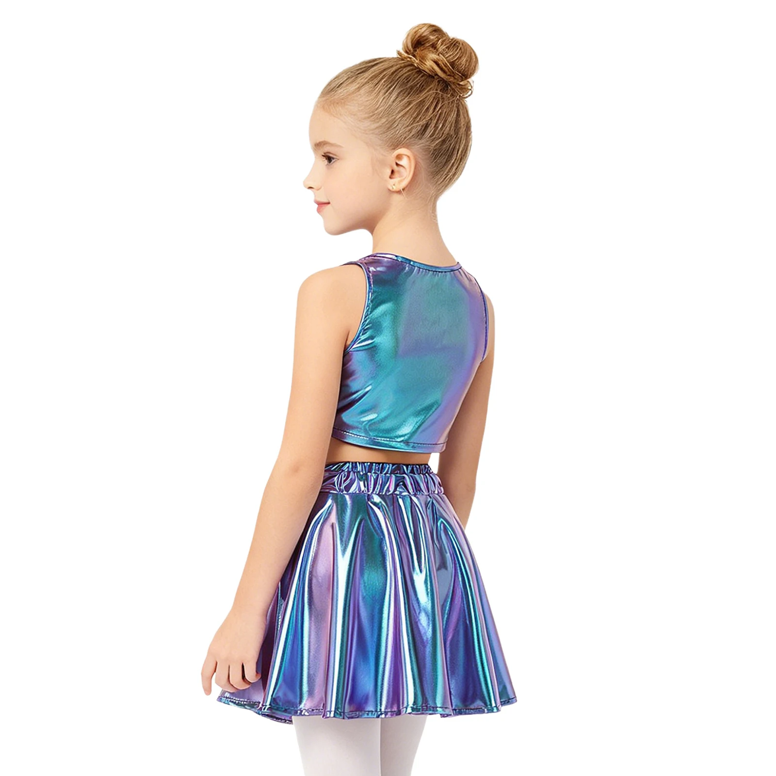 Girls Hip Hop Cheerleading Outfit Metallic Sleeveless Crop Top Elastic Waist Skirt Trendy Jazz Dance Stage Show Practice Clothes