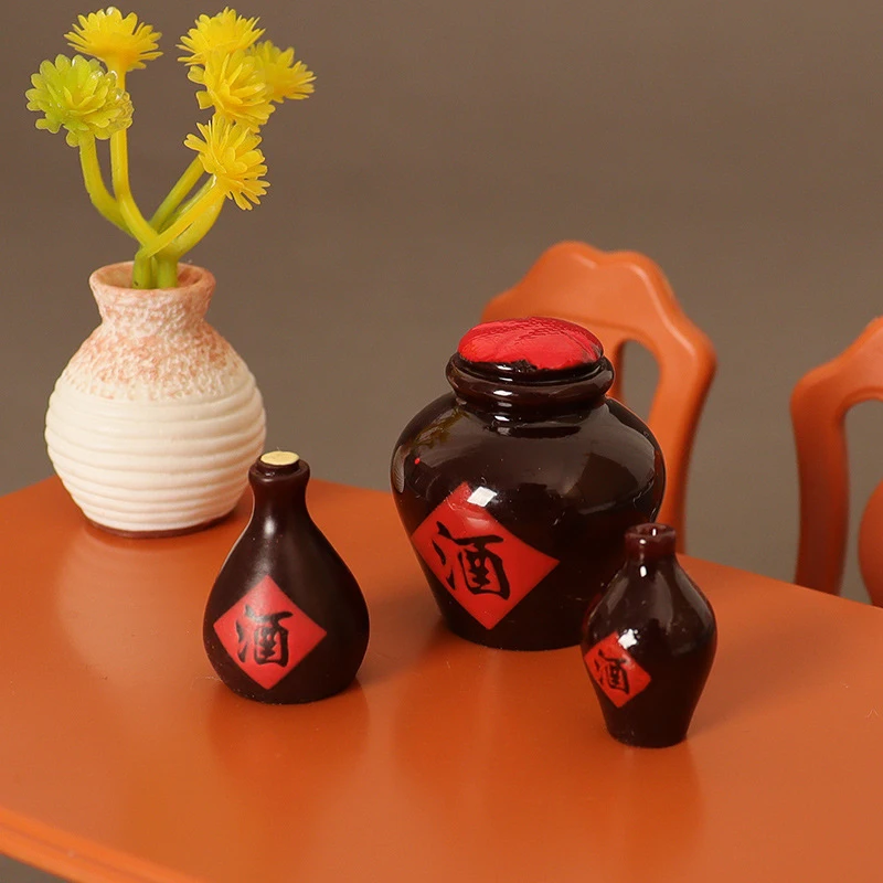 3Pcs/Set 1:12 Dollhouse Miniature Wine Jar Retro Chinese Wine Jar Wine Cup Model Kitchen Decor Toy Doll House Accessories image 2