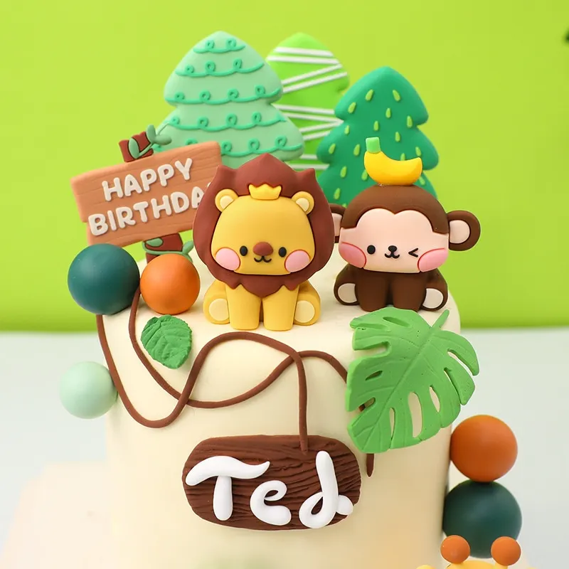 New Forest Tropical Animal Cake Decoration Jungle Wild Lion Giraffe Monkey Cake Ornaments First Birthday Party Gift