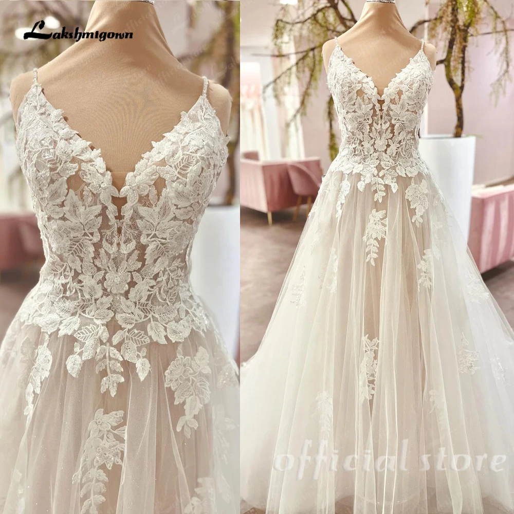 Lakshmigown Spaghetti Straps Appliques Tulle Wedding Dress Sleeveless V-neck Wedding Gown Backless A-line Court Bridal Gown vest