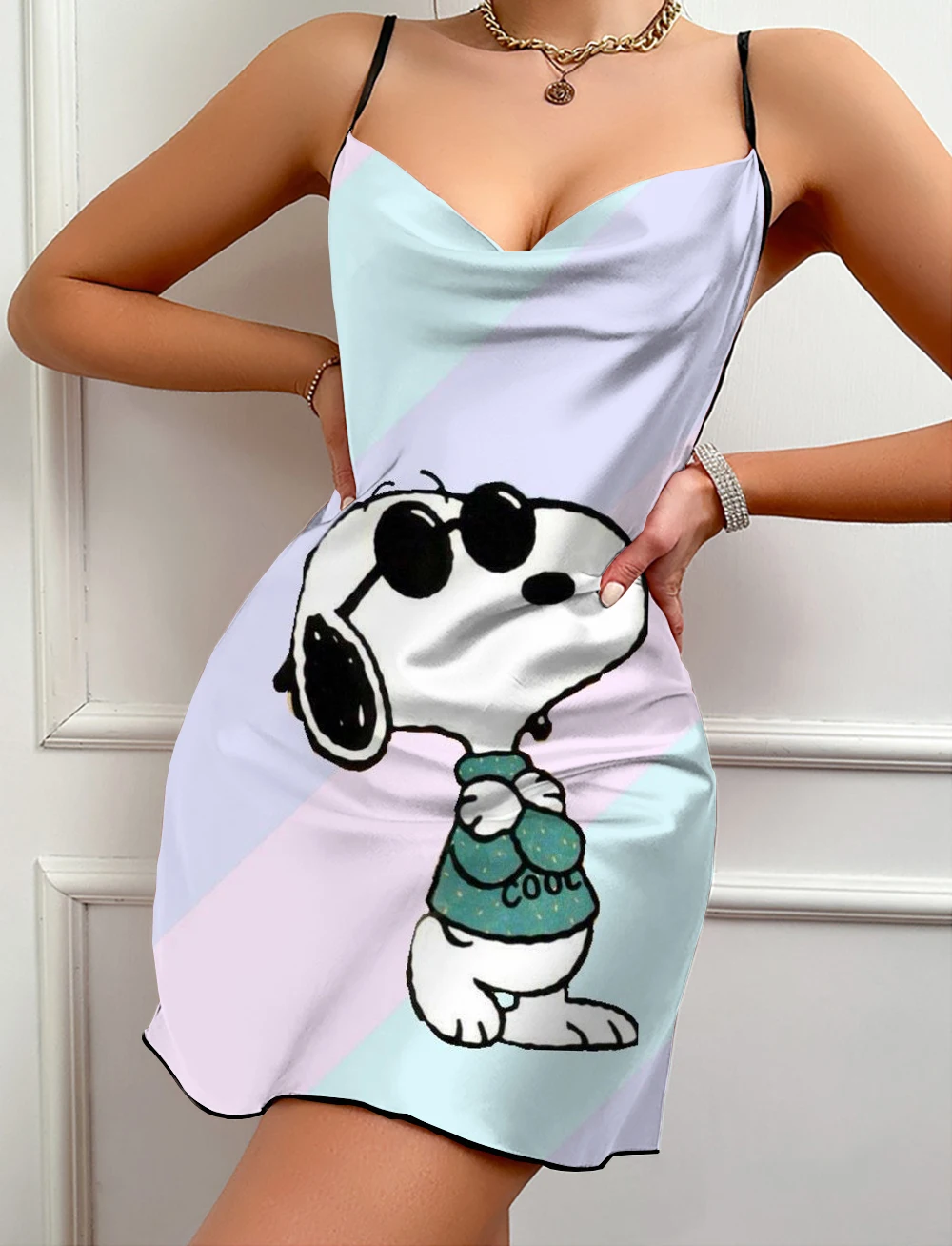 Snoopy Cartoon Print Suspender V-neck Sexy Butterfly Lace Backless Pajama Dress Ladies Summer Simple Pajamas