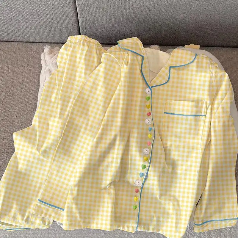 Kawaii leite amarelo xadrez primavera e outono roupas de casa para meninas, novo doce e amoroso pijama de manga comprida conjunto de duas peças