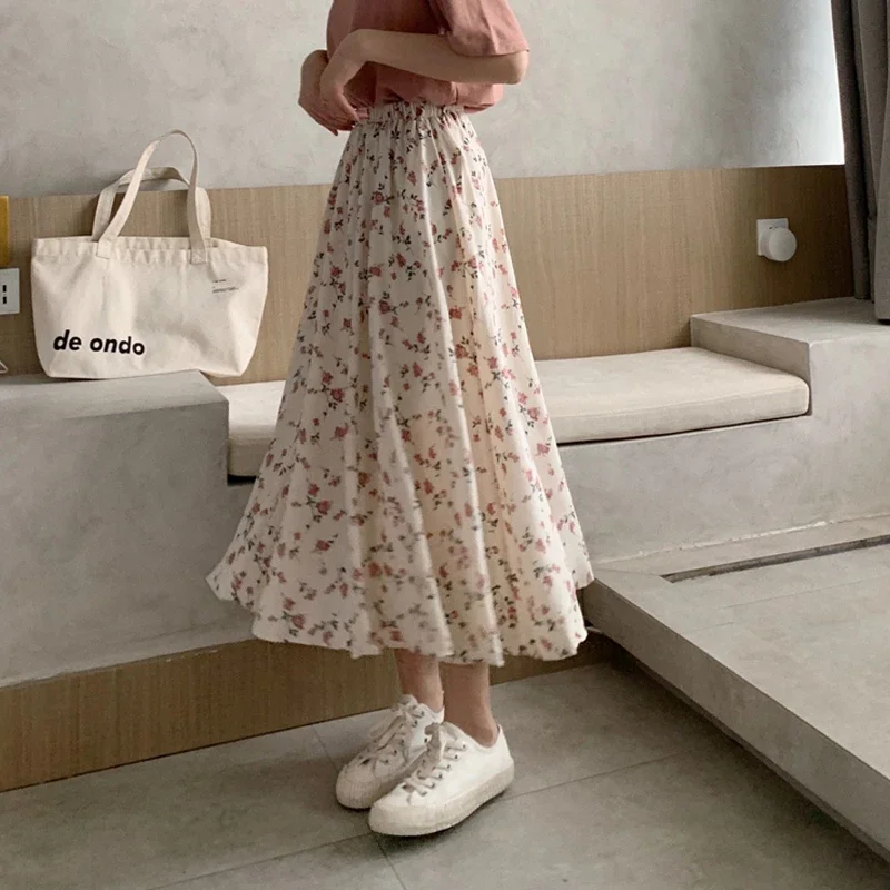 

Vintage Floral Print A-line Pleated Long Skirts Summer Women 2024 Korean Skirt Streetwear Drawstring Elastic Waist Midi Skirt