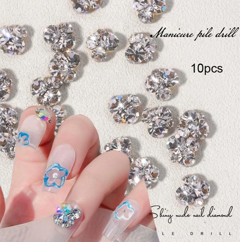 10pcs 3D Shiny Nail Art Rhinestones Luxury Crystal Diamond Gems Pile Drills For Nail Art Decoration Manicure Strass Charms