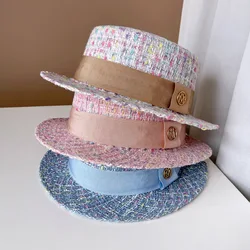 Europe and America xiao xiang style pearl flat top color jacquard hat pink tweed top hat women's autumn and winter fashion hats