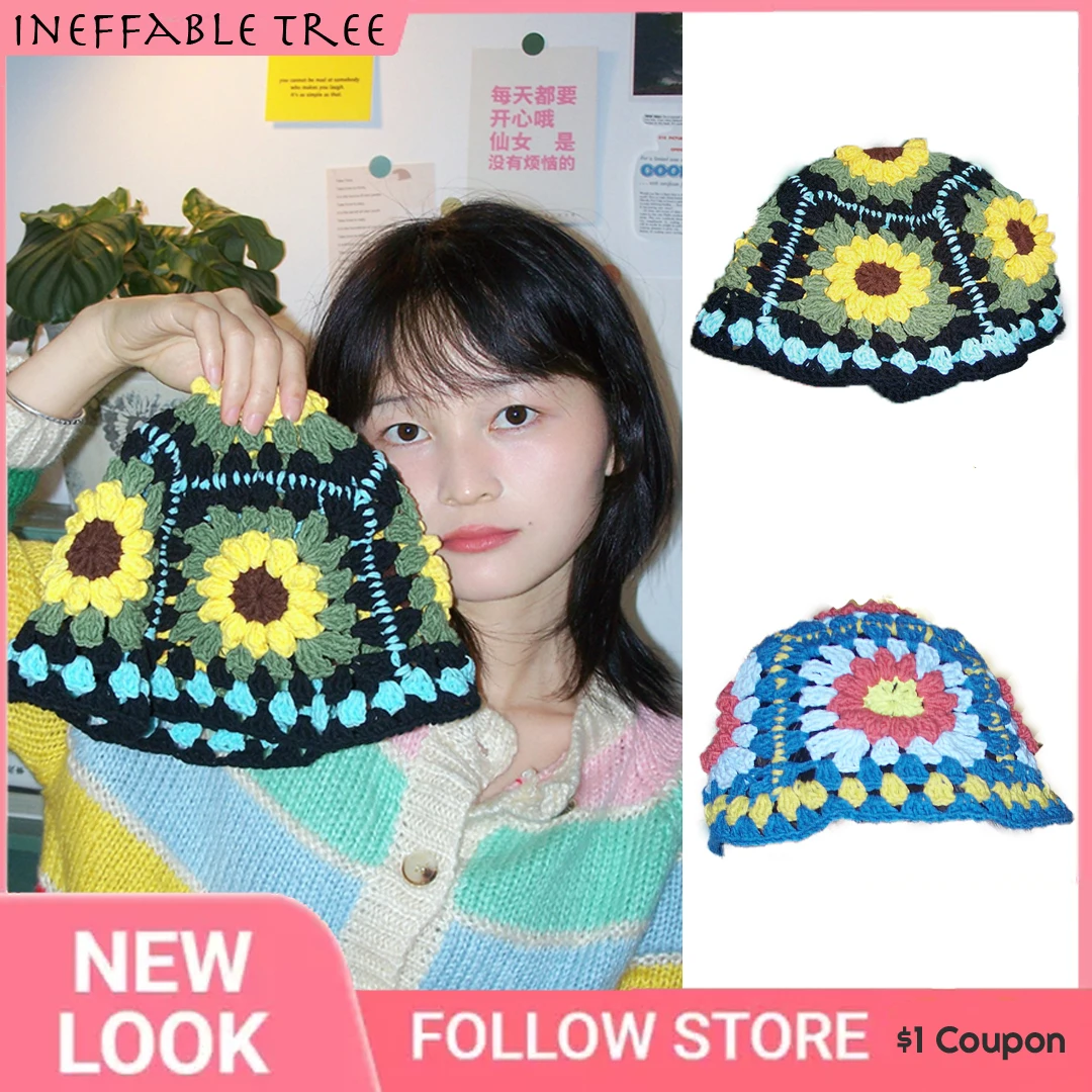 2022 INS Summer Hollow Crochet Flower Fisherman Hat Shade Breathable Knitted Bucket Hat Ladies Panama Knitted Gorras