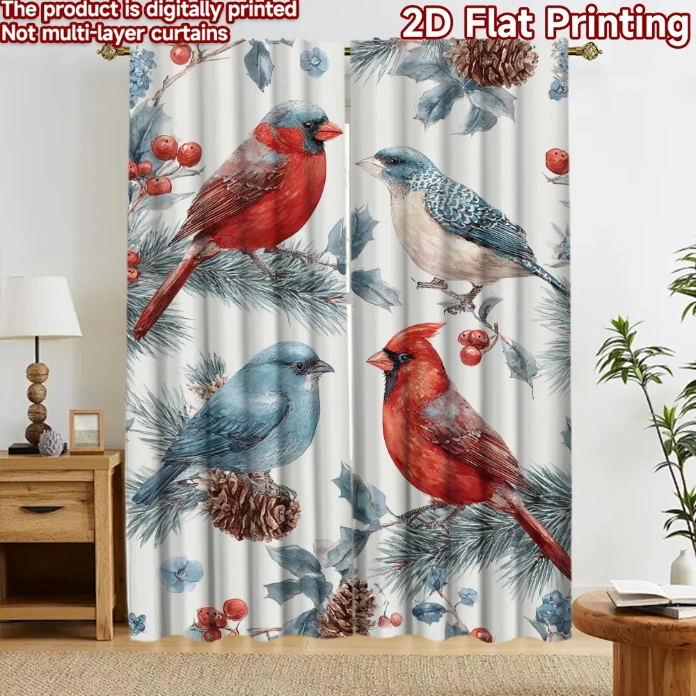 2D flat 2pcs Curtain Modern Minimalist Style Curtains Christmas Cardinals and Bluebirds Durable polyester fiber Party & Holiday