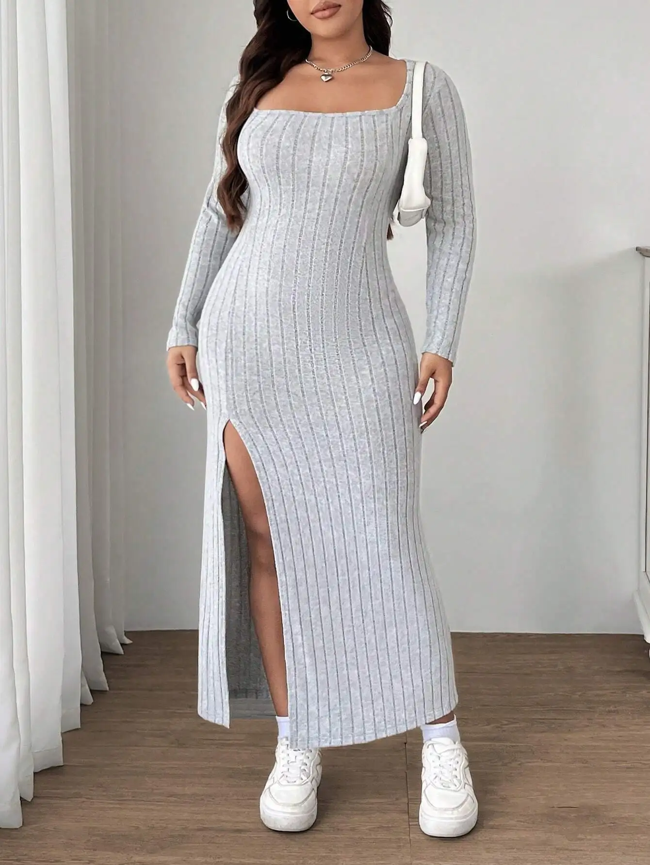 Plus Size Split Ribbed Midi Elegant Dress Female Fashion Design Vestido Solid Lady Office Cloth 2024 Autumn Women Evening Dress