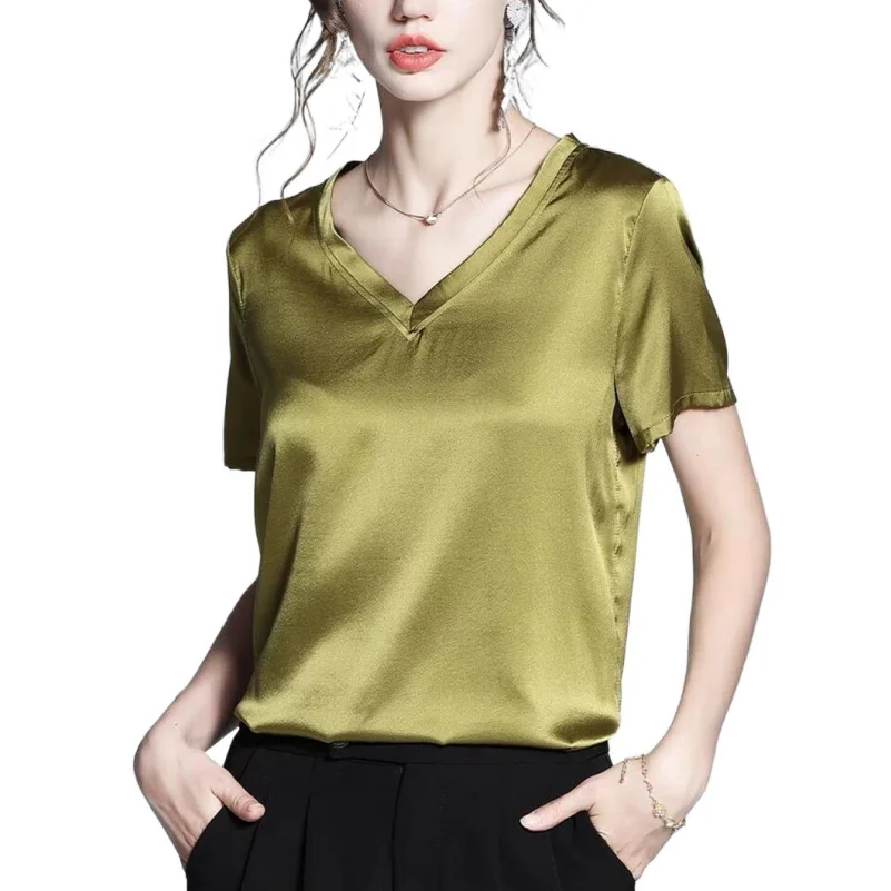 T- shirts Women Vintage Loose Summer Tops Satin Retro Ladies V-Neck Short Sleeves Basic Shirts Avocado Green 10 Colors Blouse