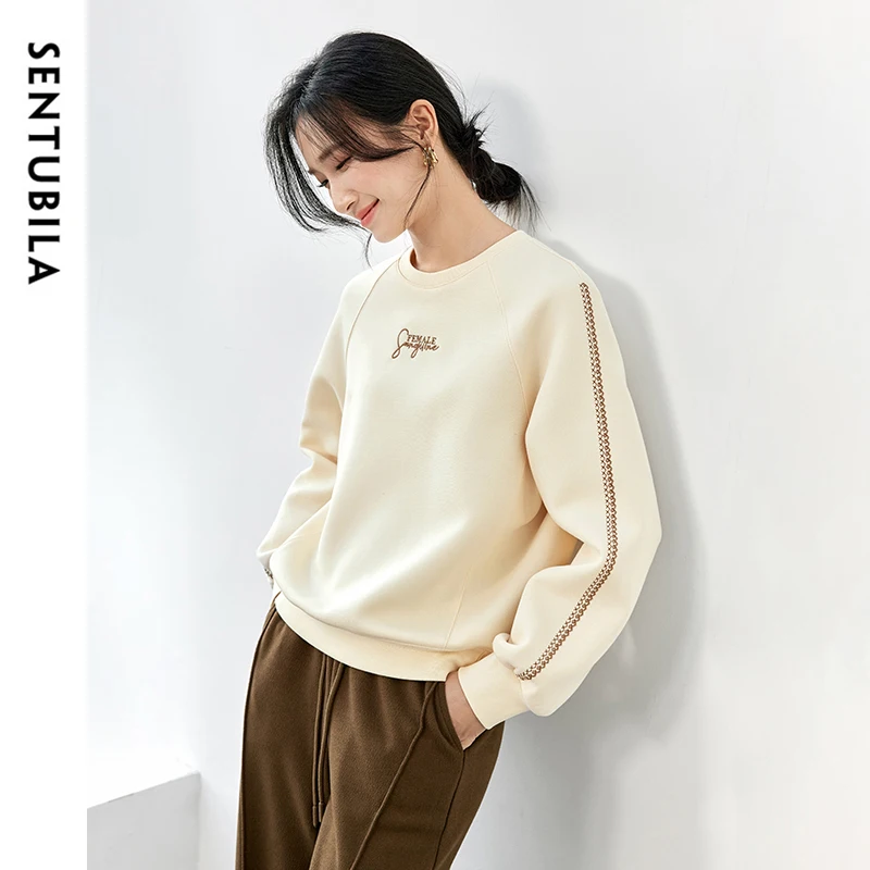 SENTUBILA Women Comfortable Casual Sweatshirt 2024 Autumn Letter Embroidery Long Sleeve Tops Female Loose Pullovers 143A56617