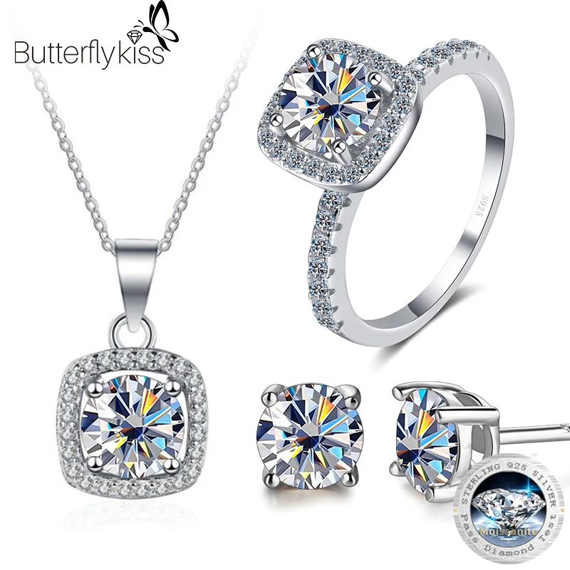 

Butterflykiss 1/2CT Moissanite Jewelry Sets Diamond S925 Silver Pt950 Gold Plated Necklace Earrings Ring For Women Wedding Party