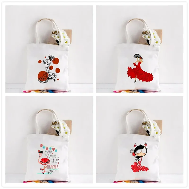 

Flamenco Print Canvas Tote Bags Harajuku Reusable Women Shoulder Handbag Large Capacity Shopping Bag Causal Girl Handbags Gifts