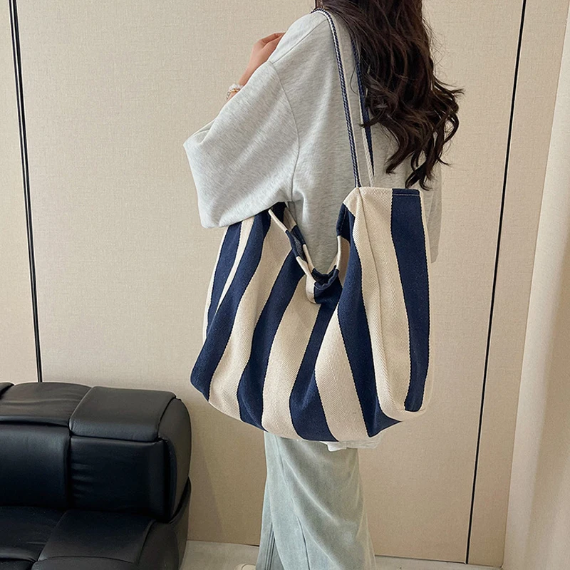 Sommerliche gestreifte Canvas-Tragetasche für Damen, lässig, große Kapazität, einfache Umhängetaschen, Einkaufshandtasche, tägliche Tragetasche – Detail 8