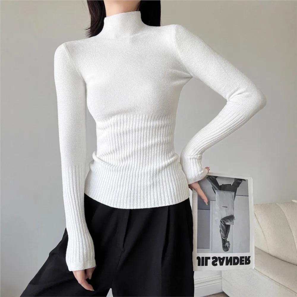 MsChuh Casual Women's Jumper Pull Femmes All-match Simple Sweater Elegant Temperament Bodycon Long Sleeves High Neck Solid Color