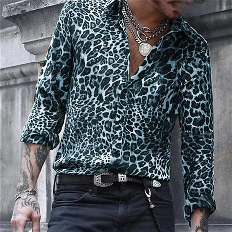 Hawaiian Fashion Luxury High Quality Leopard Print Men\'s Shirts Single Breasted Shirts Casual Camo Print Long Sleeve Men\'s Tops