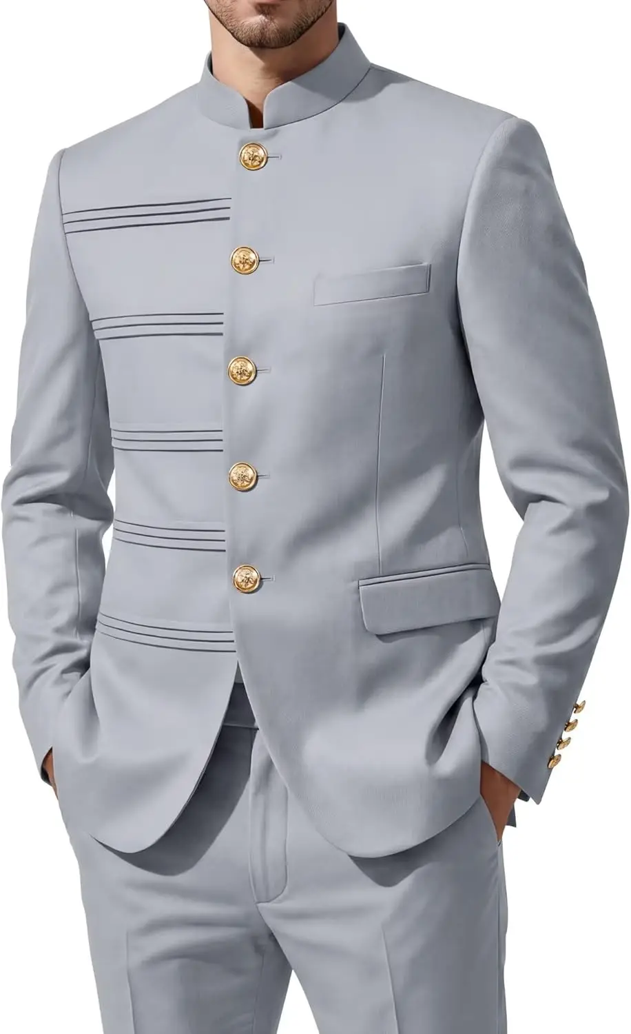 Men's Chinese  Suits Classic Fit 2 Piece  Suits for Men Solid Mandarin Collar Gold Button Jacket Pants