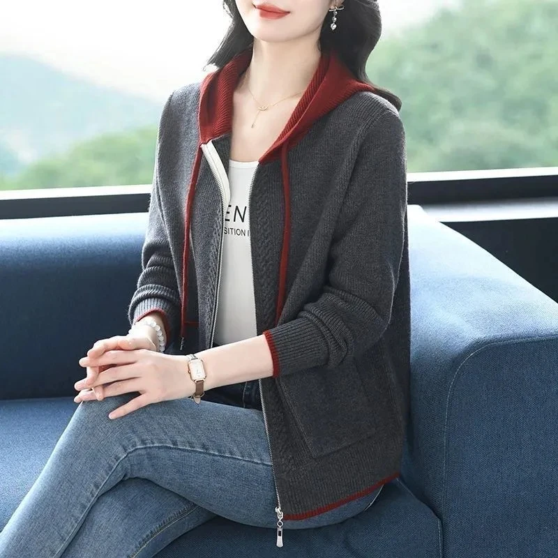 

Осень-зима, новый вязаный кардиган, свитер, куртка, женская мода, короткое пальто с длинными рукавами и капюшоном, женский свободный свитер, женские топы