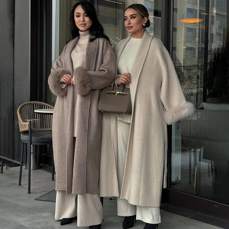 TARUXY Fox Fur Woolen Long Coats Women's Office Lady Removable Elegant Coat Double-sided Wool Overcoat 2025 New Cardigan Jacket