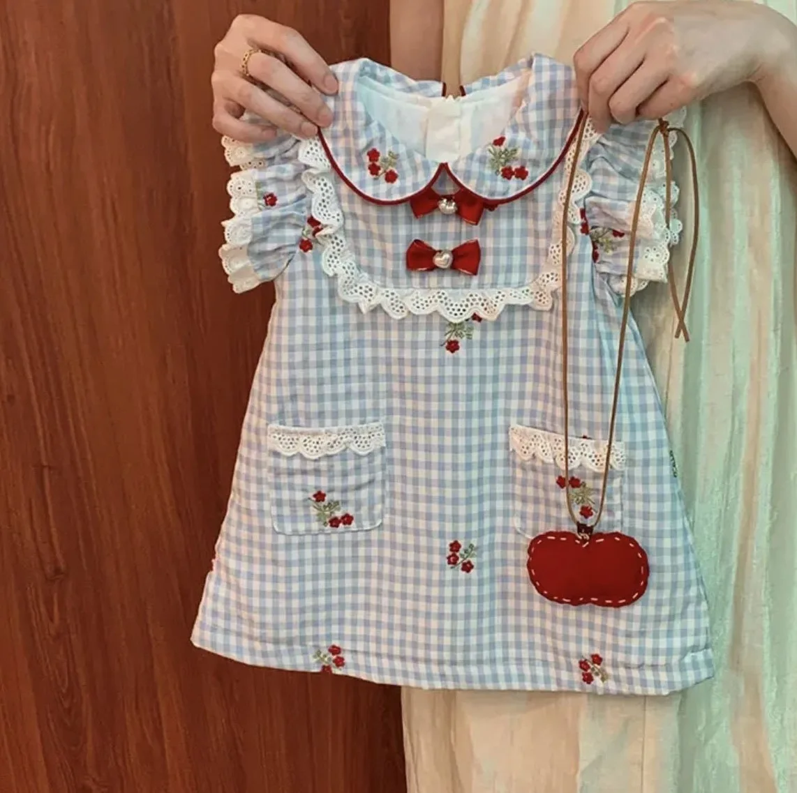 

Girls French Dress 2025 New Summer Elegance Children Blue Checkered Tank Top Dress Girls Sweet Princess Dress