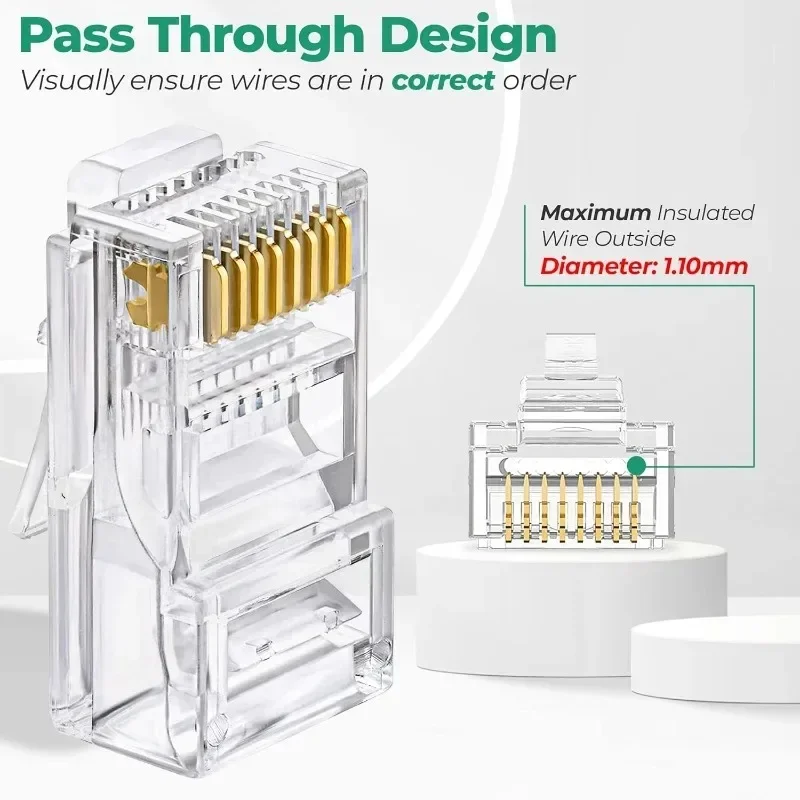RJ45 Connectors CAT6 Non-Pass-Thru Ethernet Cable Crimp Connectors UTP Network Plug Modular Plugs Gold Plated Network Ends