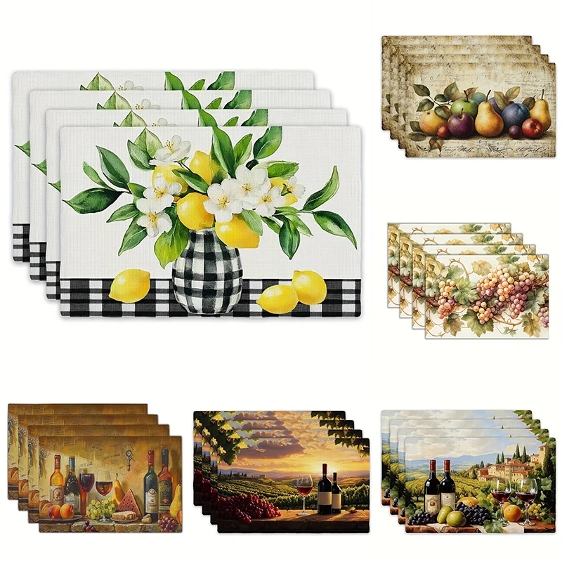 Mediterranean Fruit Lemon Flower Wine Vineyard Print Rectangular Placemats Vintage  Dining Table Decor Table Mats 4/6/8PCS