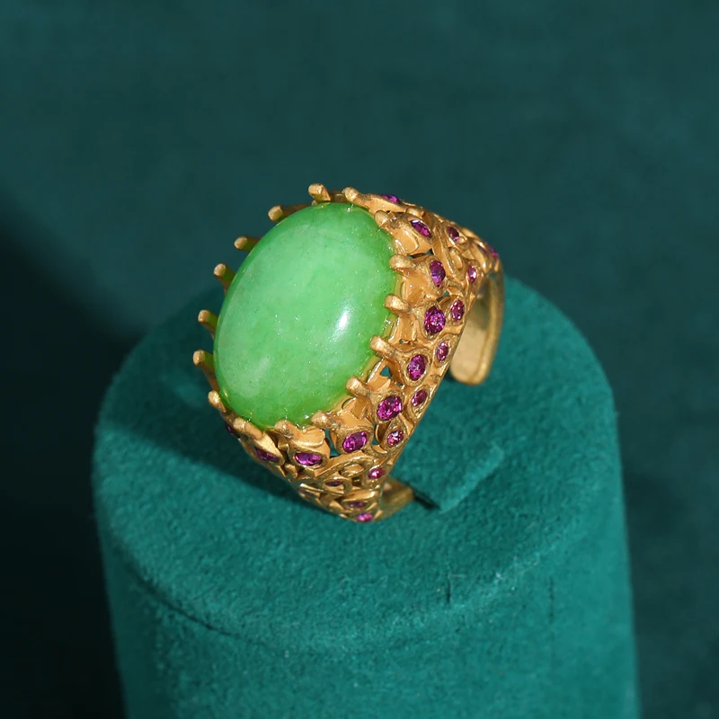 Retro-Schmuck, hellgrüner ovaler Stein, Vintage-Ringe, goldfarben, eingelegte Krone, Strass, antik, für Frauen und Mädchen, Hochzeit, Party