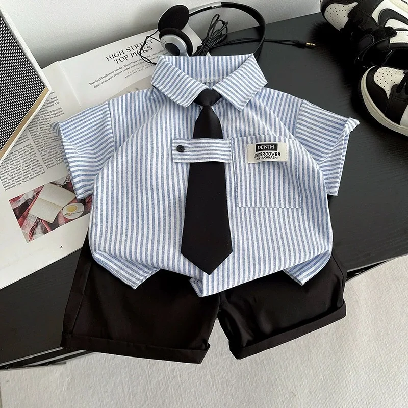 

New Toddler Summer Baby Boys/Girls Clothes Suits Children Pinstripe Shirt with Tie Shorts 2Pcs/Set Infant Kids Fashion Outfits