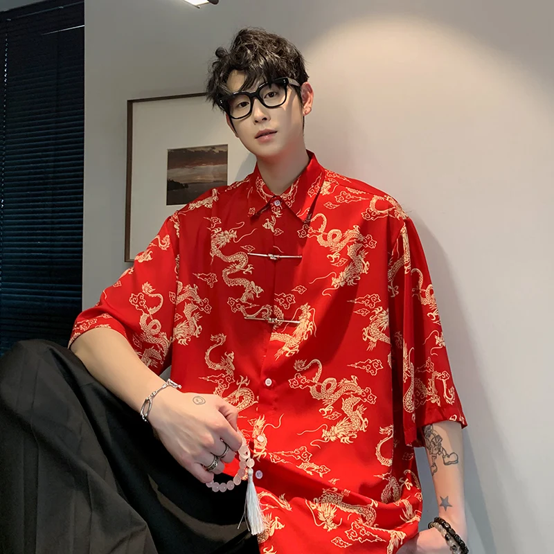 2024 Men Chinese Style Retro Tang Suit Rayon Print Dragon Suit Hanfu Men Oriental Clothing Black Short Sleeve Blouse Shirt