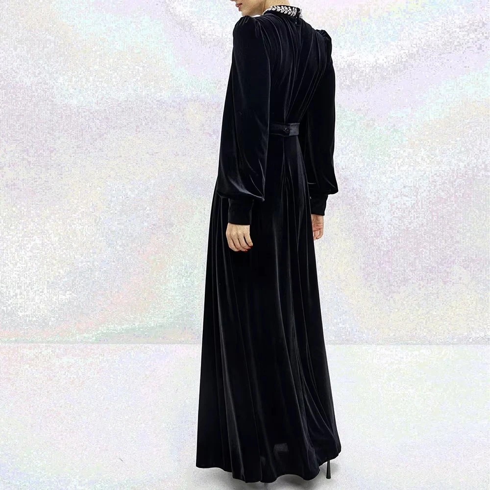 Abiti da sera a trapezio personalizzati Abito da festa a maniche lunghe con collo alto alla caviglia e telai Abito da ballo drappeggiato semplice