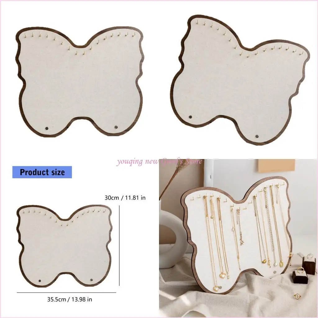 

57QA Wooden Butterfly Jewelry Storage Organizers Linen Fabric Accessory Display Panel