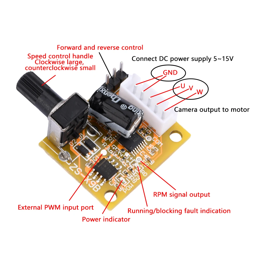 Imagem -03 - Bldc 3-phase Brushless Motor Driver 2a 15w dc Controlador de Velocidade do Motor Módulo de Placa Sensorless dc 5v12v 15w