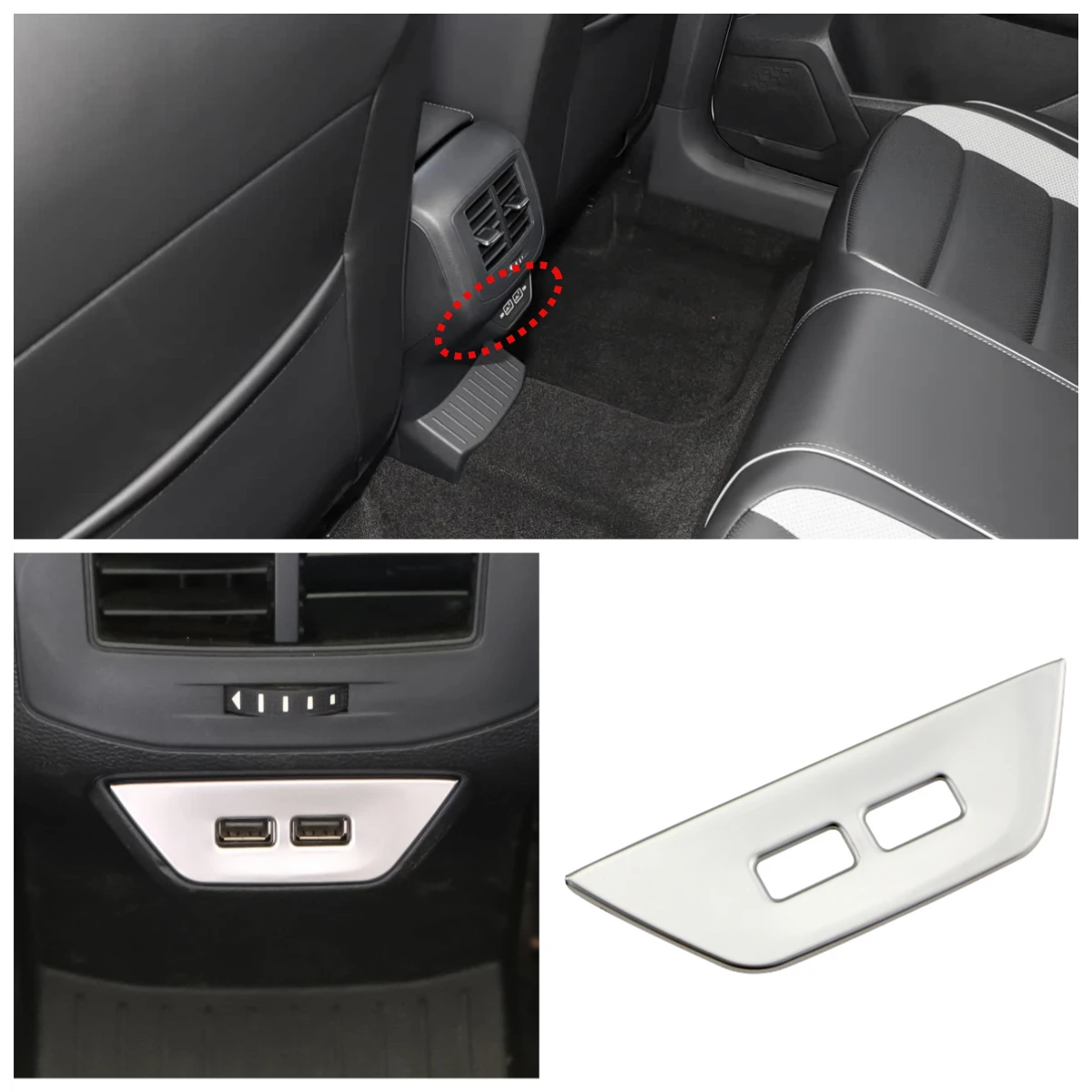 Stainless Steel Car Rear Armrest USB Port Panel Cover Trim Sticker For VW Volkswagen TROC T-roc 2017-2021 2022 Accessories